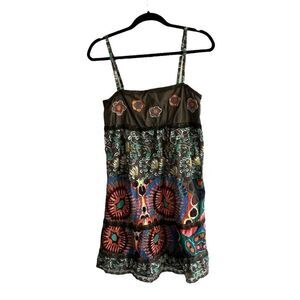 DESIGUAL Cotton Boho Sleeveless Printed Mini Dress Olive Green Multicolour L